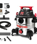 Heavy Duty Eight Gallon Wet And Dry Shop Vacuum With Badass Four Point Five Peak Horsepower Motor And Corrosion Proof Stainless Steel Tank, with accessories