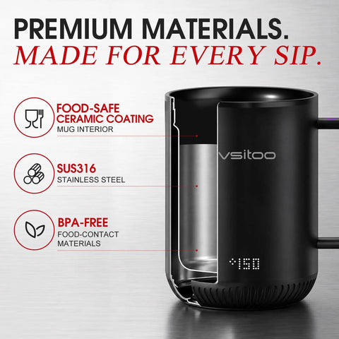 Smart AI Temp Control Heated Coffee Mug With Auto Beverage Detection showing SUS316 stainless steel and ceramic coating.