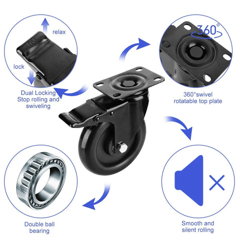 5 Inch Heavy Duty Caster Wheels No Noise Swivel Plate Casters With Brake Lock Top Plate details and features