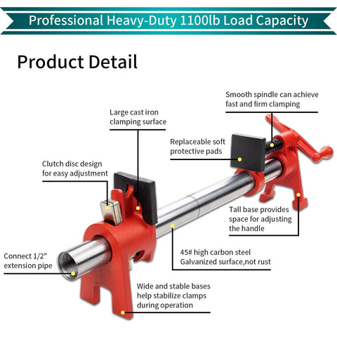 Half Inch Wood Gluing Pipe Clamps Set With 30 Inch Metal Pipe, heavy duty cast iron H style, labeled product features