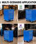 Gangster Tough Rolling Tool Chest With Seven Drawers Lockable Metal Tool Cart For Garage Setup in use in a workshop and garage.