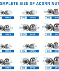 Hella Tough 107 Pieces 304 Stainless Steel Acorn Cap Nut Assortment Pack Pro sizes including #6, #8, #10, M3 to M10 with dimensions.