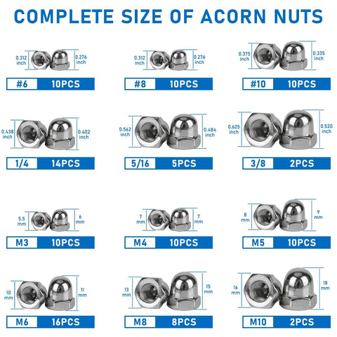 Hella Tough 107 Pieces 304 Stainless Steel Acorn Cap Nut Assortment Pack Pro sizes including #6, #8, #10, M3 to M10 with dimensions.