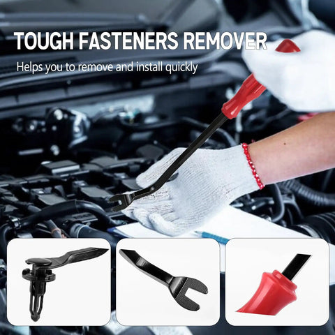 Person using fastener remover tool on car engine with close-ups of different tool attachments.