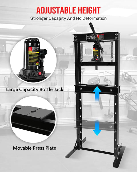 12-Ton Hydraulic Shop Press With H-Frame Floor Standing Bearing Press For Garage And Metalworking Heavy-Duty Adjustable Height