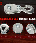 Heavy Duty Pulley Hook Snatch Block For Winch Recovery 2 Ton 4400 Lbs With Hook High Strength Steel For Cables Up To Three Eighths Inch Keep Your Winch Organized And Prevent Cable Entanglement During Towing And Recovery, silver hook pulley