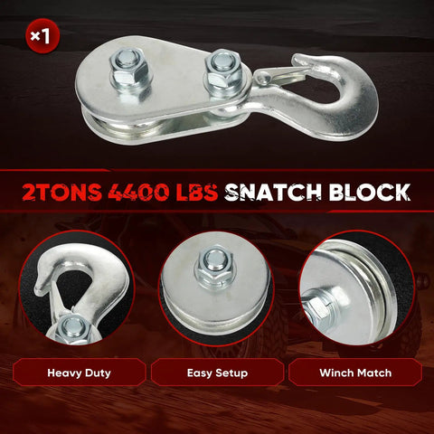 Heavy Duty Pulley Hook Snatch Block For Winch Recovery 2 Ton 4400 Lbs With Hook High Strength Steel For Cables Up To Three Eighths Inch Keep Your Winch Organized And Prevent Cable Entanglement During Towing And Recovery, silver hook pulley