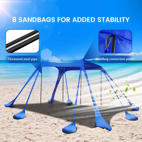 10x10 Ft Beach Shade Canopy Tent with 8 sandbags, thickened steel pipe, UPF 50+ sun shelter, pop-up setup on beach