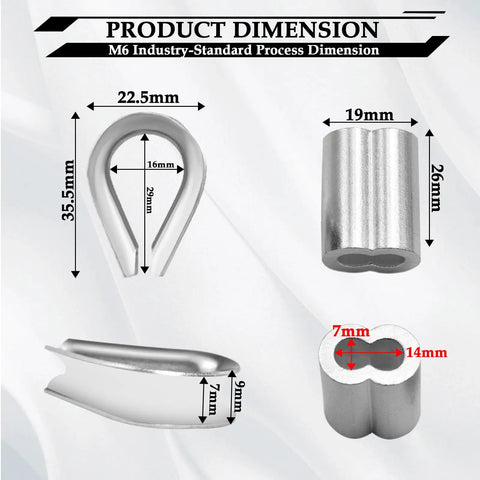 Stainless Steel Wire Rope Kit Pro Grade With M6 Cable Clamps Silver Thimbles And Aluminum Crimping Loops For One Quarter Inch Wire Rope Rigging Heavy Duty Indoor And Outdoor Use dimensions