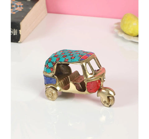 Dope Vintage Brass Auto Rickshaw Miniature Showpiece For Living Room Decor Tabletop Accent, multi-color, handcrafted, 4.5x2.4x3 inches.