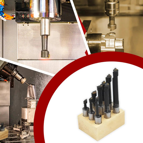 Nine Piece Boring Bar Set With One Half Inch Shank C6 Carbide Tipped Bars For Lathe And Milling Tools Kit With Base in use