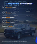 Compatible vehicles list with blue truck beneath. Shows Chevrolet, Pontiac, Suzuki, Saturn models including Chevy Captiva Sport 2012.