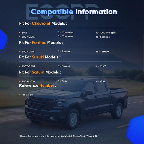 Compatible vehicles list with blue truck beneath. Shows Chevrolet, Pontiac, Suzuki, Saturn models including Chevy Captiva Sport 2012.