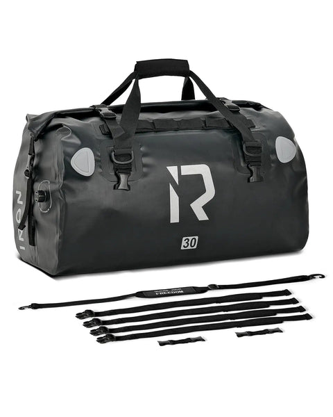 Waterproof Motorcycle Dry Bag 30L Duffle Tail Bag N Saddle Bags With Roll Top Closure, black, 500D PVC, with straps, front view
