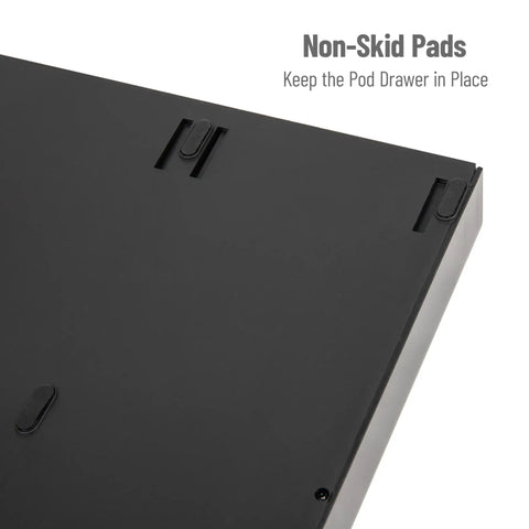 Underside of Space Saving 36 Pod Coffee Pod Drawer Black Metal Mesh Under Cabinet Organizer showing non-skid pads.
