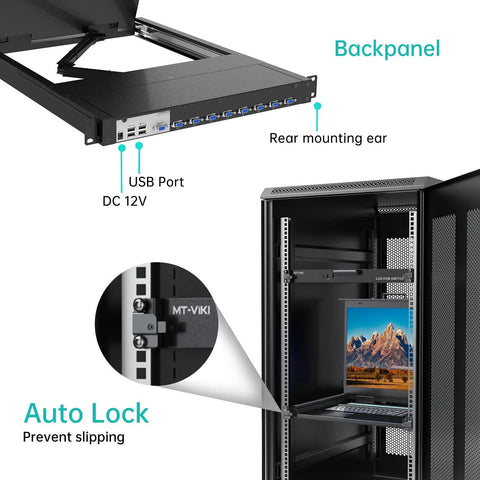 1U Rackmount KVM Switch Console Featuring 19 Inch LCD Display Integrated Keyboard And Touchpad Eight Port VGA Server Manager backpanel with USB ports and auto lock