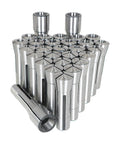 29 Piece R8 Steel Spring Collet Set for CNC Milling Chuck and Lathe Tool Holder, arranged in a pyramid, showing smooth steel finish.