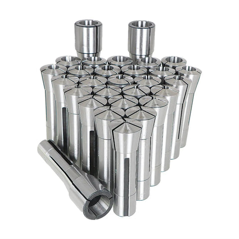 29 Piece R8 Steel Spring Collet Set for CNC Milling Chuck and Lathe Tool Holder, arranged in a pyramid, showing smooth steel finish.