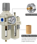 Heavy Duty Industrial Air Compressor FRL Unit With Filter Regulator Lubricator Half Inch NPT Oil Water Separator Pressure Gauge And Semi Auto Drain For Pneumatic Systems, showing brass filter and movement parts.
