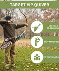 Archer using Hip Archery Quiver With Three Arrow Tubes, Durable Lightweight Nylon, Adjustable Waist Belt in a green field.