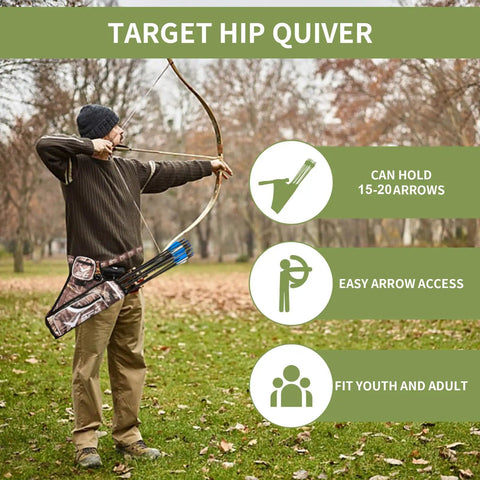Archer using Hip Archery Quiver With Three Arrow Tubes, Durable Lightweight Nylon, Adjustable Waist Belt in a green field.