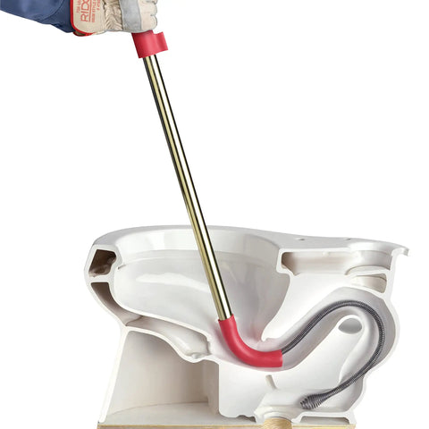 Heavy Duty Toilet Auger With Bulb Head Snake And Pro Clog Remover For Modern Low Flow Toilets shown in use clearing a toilet bowl.