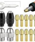 Dremel Compatible Pro Grade Drill Chuck Collet Set, 16 Piece Replacement Kit with brass collets and keyless chuck, shown with metal wrench