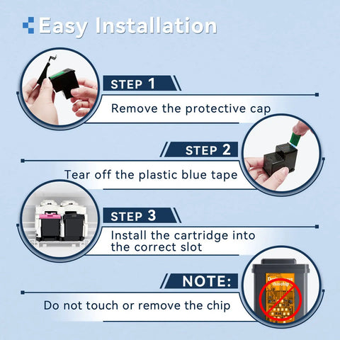 Installation instructions for 67XL Black And Color Ink Cartridges Combo Pack For DeskJet And Envy Series with images of each step.