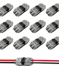 12 Pack Quick Solderless Wire Connectors For Low Voltage Automotive And Led Strip Lighting Zero Stripping Required Secure 2 Pin Splice Terminals displayed with wires.