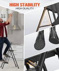Man using 2 Step Folding Ladder for Home and Shop, Lightweight Steel Construction with Hand Rail and Non Slip Wide Pedals, 500 Lb Capacity