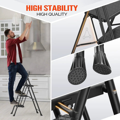 Man using 2 Step Folding Ladder for Home and Shop, Lightweight Steel Construction with Hand Rail and Non Slip Wide Pedals, 500 Lb Capacity