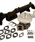 Iron Horn Diesel Turbocharger Kit With S363SXE 76 0.91AR Turbo, 79 Lb Per Min Flow, manifold, gaskets, fittings, bolts displayed