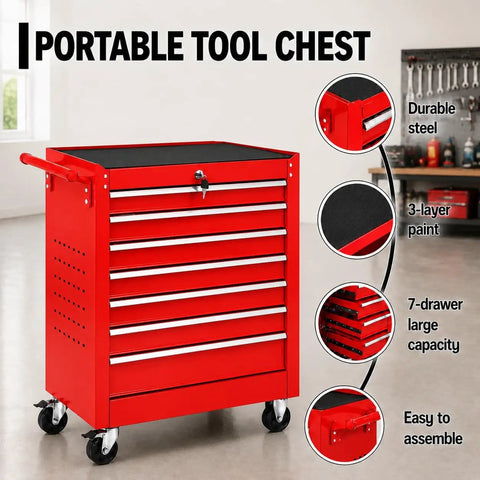 Hella Solid Rolling Tool Chest With Seven Ball Bearing Drawers That Glide Like Butter Plus Lockable Heavy Duty Steel Frame Designed For Garage Auto Shop Or Warehouse Storage In Red, featuring seven drawers and durable steel.