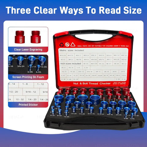 Nut And Bolt Thread Checker Kit With 28 Standard And 24 Metric Sizes In A Handy Box Set displayed open with labeled gauges