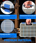 34 Compartment Double Sided Parts Organizer Box With Removable Dividers Durable Blue Storage Case shown with handle and latches.