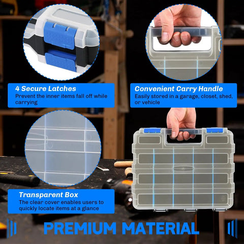 34 Compartment Double Sided Parts Organizer Box With Removable Dividers Durable Blue Storage Case shown with handle and latches.