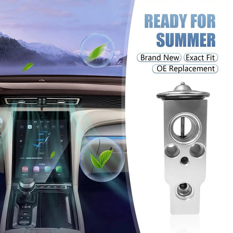 Universal Car Air Conditioning Expansion Valve 1 Pc Lightweight Aluminum Corrosion Resistant AC Valve Replacement For Auto Engines, Fits Most Cars Silver Easy Install next to a car dashboard illustration
