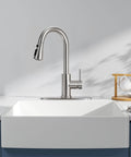 Top Shelf High Arc Kitchen Faucet With Pull Down Sprayer And Three Spray Settings Brushed Nickel Single Handle Sink Tap featuring sleek design and modern finish.
