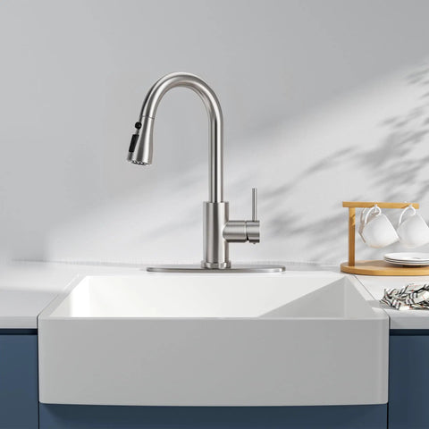 Top Shelf High Arc Kitchen Faucet With Pull Down Sprayer And Three Spray Settings Brushed Nickel Single Handle Sink Tap featuring sleek design and modern finish.