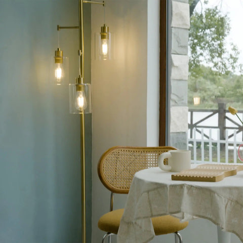 Dope Gold 64 Inch Tree Floor Lamp With Three Branches And Glass Shades, Industrial Modern Standing Light in cozy space