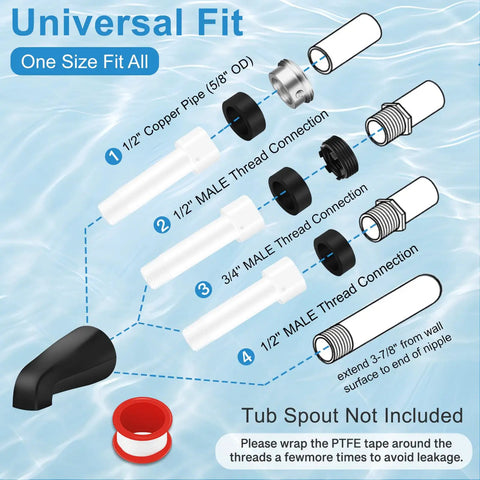 Universal fit components for Matte Black Shower Trim Kit with 3 Easy Grab Knobs and Tub Spout Four In One Adapter.