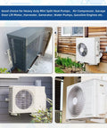 Outdoor air compressor units attached to house walls with protective covers.