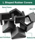 Rubber Angle Iron End Caps 20 Pack Black L Shaped Corner Protectors That Grip Tight to Keep Hardwood Floors Scratch Free With A Thickened Sturdy Build And Super Snug Drop In Fit, displayed in a group.
