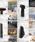 All In One Vacuum Attachments Kit With Universal Hose Adapters cleaning multiple surfaces including car ceiling, sofa, keyboard, and pet hair