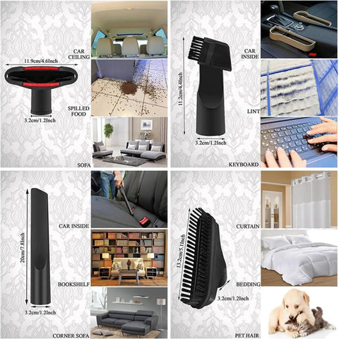All In One Vacuum Attachments Kit With Universal Hose Adapters cleaning multiple surfaces including car ceiling, sofa, keyboard, and pet hair