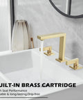 Brushed Gold 3 Hole Two Handle 8 Inch Widespread Bathroom Sink Faucet With Pop Up Drain And Supply Hose Brass Construction Mixer Tap For Vanity Basin Restroom Lavatory installed on a white sink with water running.