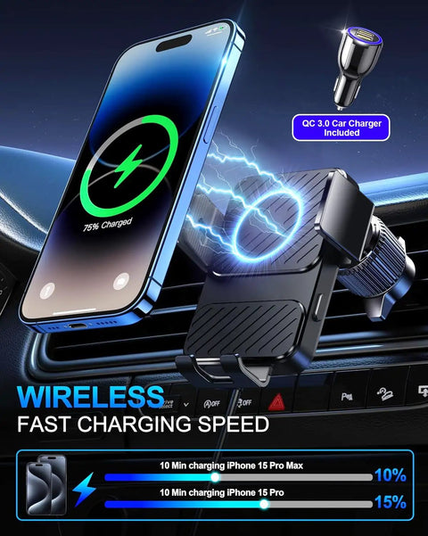 Wireless Car Charger Mount With Auto Clamping And 15W Fast Charging For IPhone 17 16 15 Pro Max XR mini with vent mount in car