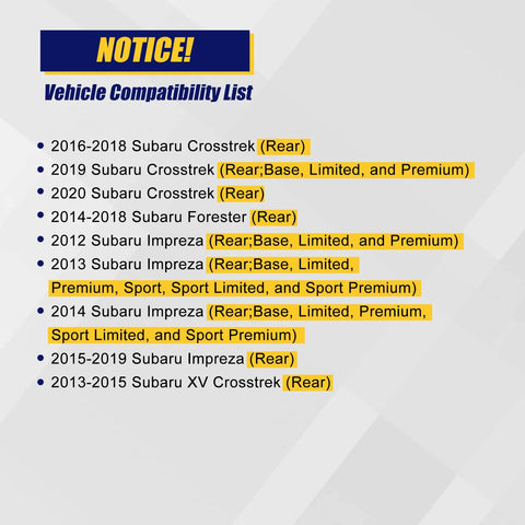 Compatibility list for Rear Wheel Bearing Hub Assembly 512518 For Subaru Crosstrek Impreza Forester XV Crosstrek 2013 2014 2015 5 Lug With ABS 4 Bolt Flange Replacement Premium Grade Durable Direct Fit And Long Life Performance