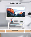 Wooden Monitor Stand Riser With Two Tier Desk Shelf And Cable Management Phone Holder And Eco Friendly White Finish Ergonomic Computer Desk Organizer To Reduce Strain For Home Office And Workstation 16.5 Inch installed on desk