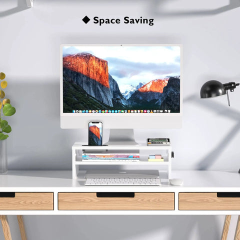Wooden Monitor Stand Riser With Two Tier Desk Shelf And Cable Management Phone Holder And Eco Friendly White Finish Ergonomic Computer Desk Organizer To Reduce Strain For Home Office And Workstation 16.5 Inch installed on desk